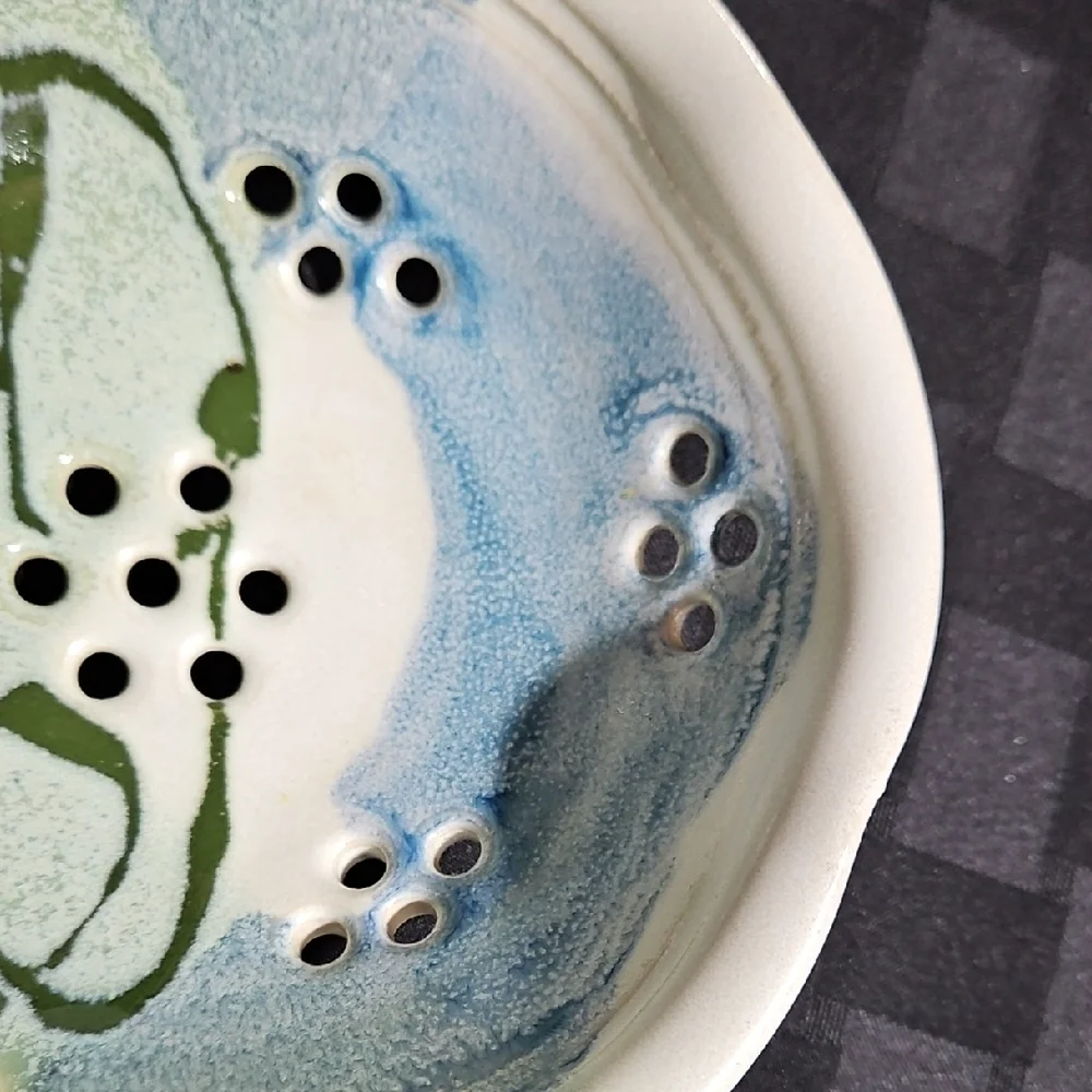 Artisan Crafted/Signed Ceramic Berry Strainer/Colander in Cream, Green and Blue
